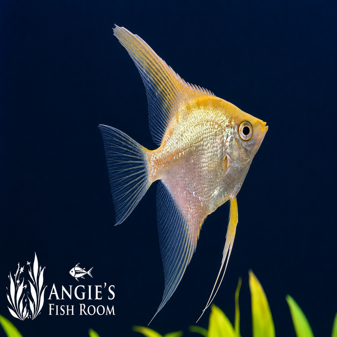 Hobbyist-bred Gold Angelfish (Pterophyllum scalare) with shimmering gold and pearl coloration swimming in a freshwater aquarium.