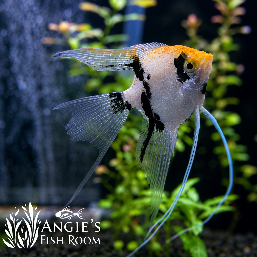 Hobbyist-bred Gold Marble Angelfish (Pterophyllum scalare) with striking gold, white, and black marbled coloration swimming in a planted freshwater aquarium.