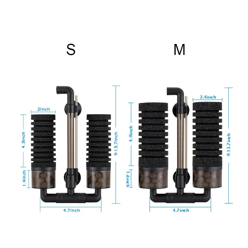 Hygger double sponge filter size comparison for 10 to 55 gallon aquariums
